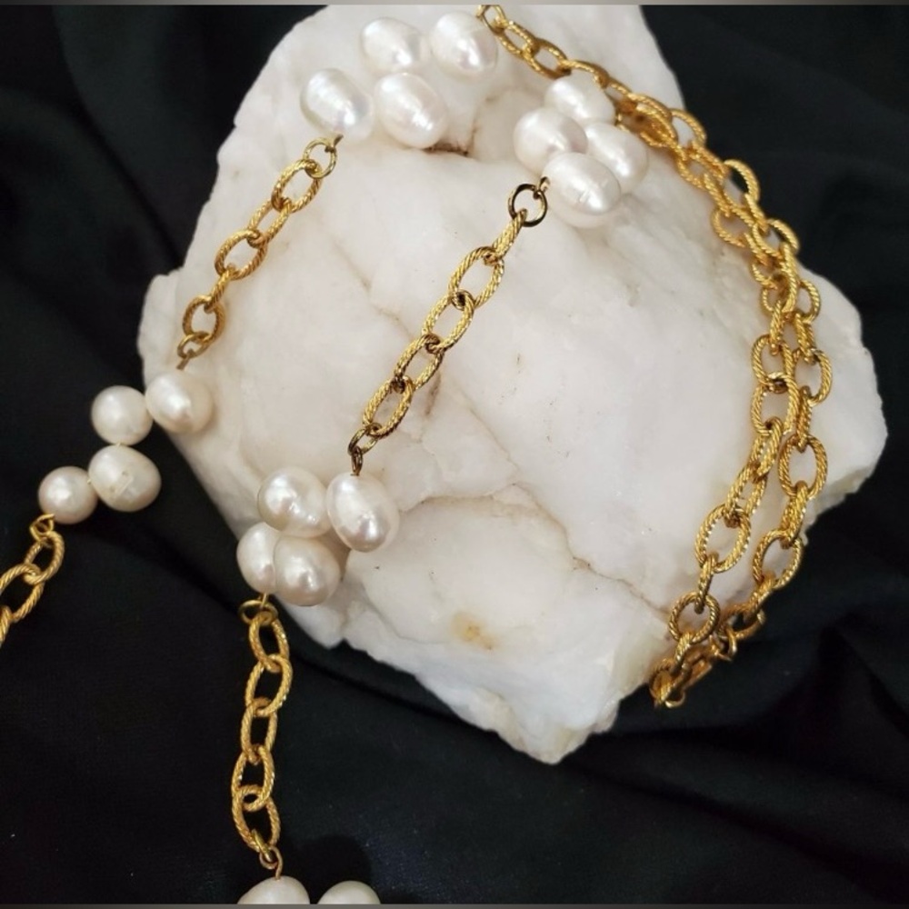 Long Large Pearl Necklace on Stainless Steel Chain, 32”